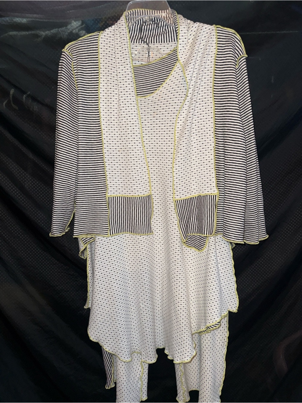 Black & White Striped Wide-Leg Pants with Contrast Dot Trim